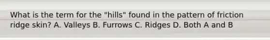 What is the term for the "hills" found in the pattern of friction ridge skin? A. Valleys B. Furrows C. Ridges D. Both A and B