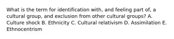 What is the term for identification with, and feeling part of, a cultural group, and exclusion from other cultural groups? A. Culture shock B. Ethnicity C. Cultural relativism D. Assimilation E. Ethnocentrism