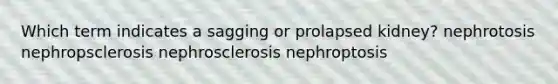 Which term indicates a sagging or prolapsed kidney? nephrotosis nephropsclerosis nephrosclerosis nephroptosis