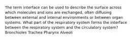 The term interface can be used to describe the surface across which molecules and ions are exchanged, often diffusing between external and internal environments or between organ systems. What part of the respiratory system forms the interface between the respiratory system and the circulatory system? Bronchioles Trachea Pharynx Alveoli