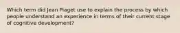 Which term did Jean Piaget use to explain the process by which people understand an experience in terms of their current stage of cognitive development?