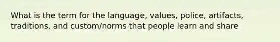 What is the term for the language, values, police, artifacts, traditions, and custom/norms that people learn and share