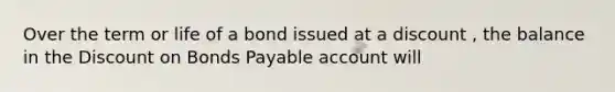 Over the term or life of a bond issued at a discount , the balance in the Discount on Bonds Payable account will