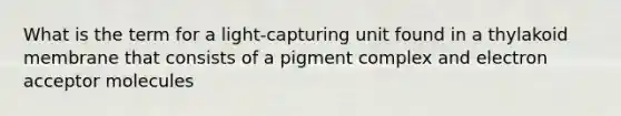 What is the term for a light-capturing unit found in a thylakoid membrane that consists of a pigment complex and electron acceptor molecules