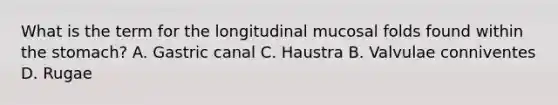 What is the term for the longitudinal mucosal folds found within the stomach? A. Gastric canal C. Haustra B. Valvulae conniventes D. Rugae