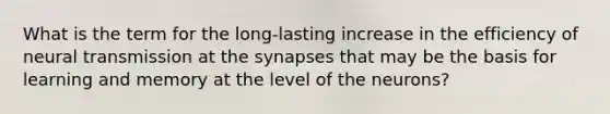 What is the term for the long-lasting increase in the efficiency of neural transmission at the synapses that may be the basis for learning and memory at the level of the neurons?