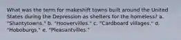 What was the term for makeshift towns built around the United States during the Depression as shelters for the homeless? a. "Shantytowns." b. "Hoovervilles." c. "Cardboard villages." d. "Hoboburgs." e. "Pleasantvilles."