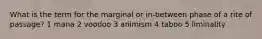 What is the term for the marginal or in-between phase of a rite of passage? 1 mana 2 voodoo 3 animism 4 taboo 5 liminality