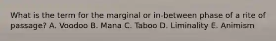 What is the term for the marginal or in-between phase of a rite of passage? A. Voodoo B. Mana C. Taboo D. Liminality E. Animism