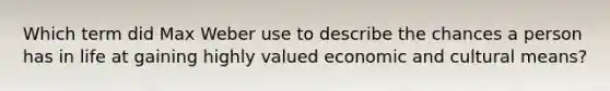 Which term did Max Weber use to describe the chances a person has in life at gaining highly valued economic and cultural means?