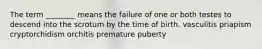 The term ________ means the failure of one or both testes to descend into the scrotum by the time of birth. vasculitis priapism cryptorchidism orchitis premature puberty