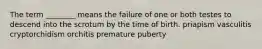 The term ________ means the failure of one or both testes to descend into the scrotum by the time of birth. priapism vasculitis cryptorchidism orchitis premature puberty