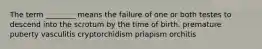 The term ________ means the failure of one or both testes to descend into the scrotum by the time of birth. premature puberty vasculitis cryptorchidism priapism orchitis