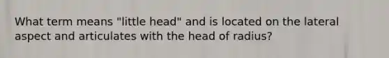 What term means "little head" and is located on the lateral aspect and articulates with the head of radius?