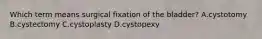 Which term means surgical fixation of the bladder? A.cystotomy B.cystectomy C.cystoplasty D.cystopexy