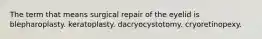 The term that means surgical repair of the eyelid is blepharoplasty. keratoplasty. dacryocystotomy. cryoretinopexy.