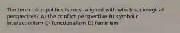 The term micropolitics is most aligned with which sociological perspective? A) the conflict perspective B) symbolic interactionism C) functionalism D) feminism