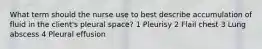 What term should the nurse use to best describe accumulation of fluid in the client's pleural space? 1 Pleurisy 2 Flail chest 3 Lung abscess 4 Pleural effusion