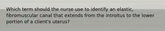 Which term should the nurse use to identify an elastic, fibromuscular canal that extends from the introitus to the lower portion of a client's uterus?