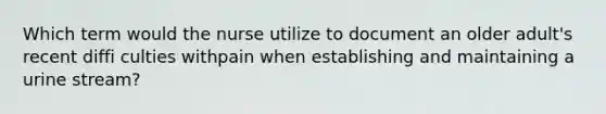 Which term would the nurse utilize to document an older adult's recent diffi culties withpain when establishing and maintaining a urine stream?