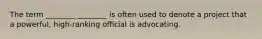 The term ________ ________ is often used to denote a project that a powerful, high-ranking official is advocating.