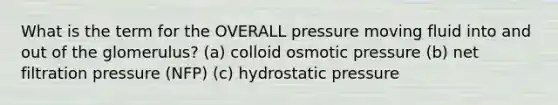 What is the term for the OVERALL pressure moving fluid into and out of the glomerulus? (a) colloid osmotic pressure (b) net filtration pressure (NFP) (c) hydrostatic pressure