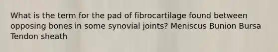 What is the term for the pad of fibrocartilage found between opposing bones in some synovial joints? Meniscus Bunion Bursa Tendon sheath