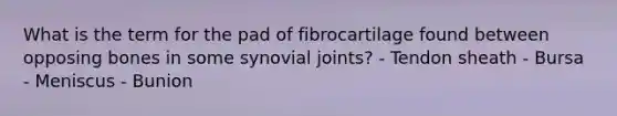 What is the term for the pad of fibrocartilage found between opposing bones in some synovial joints? - Tendon sheath - Bursa - Meniscus - Bunion