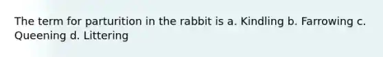 The term for parturition in the rabbit is a. Kindling b. Farrowing c. Queening d. Littering