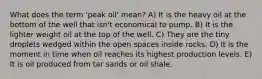 What does the term 'peak oil' mean? A) It is the heavy oil at the bottom of the well that isn't economical to pump. B) It is the lighter weight oil at the top of the well. C) They are the tiny droplets wedged within the open spaces inside rocks. D) It is the moment in time when oil reaches its highest production levels. E) It is oil produced from tar sands or oil shale.