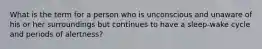 What is the term for a person who is unconscious and unaware of his or her surroundings but continues to have a sleep-wake cycle and periods of alertness?