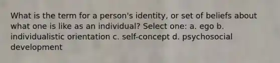 What is the term for a person's identity, or set of beliefs about what one is like as an individual? Select one: a. ego b. individualistic orientation c. self-concept d. psychosocial development