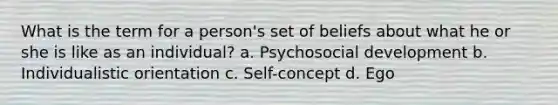 What is the term for a person's set of beliefs about what he or she is like as an individual? a. Psychosocial development b. Individualistic orientation c. Self-concept d. Ego