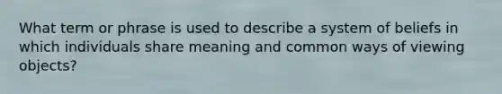 What term or phrase is used to describe a system of beliefs in which individuals share meaning and common ways of viewing objects?