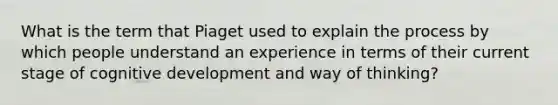 What is the term that Piaget used to explain the process by which people understand an experience in terms of their current stage of cognitive development and way of thinking?