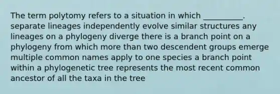 The term polytomy refers to a situation in which __________. separate lineages independently evolve similar structures any lineages on a phylogeny diverge there is a branch point on a phylogeny from which more than two descendent groups emerge multiple common names apply to one species a branch point within a phylogenetic tree represents the most recent common ancestor of all the taxa in the tree