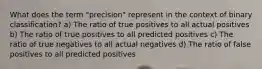 What does the term "precision" represent in the context of binary classification? a) The ratio of true positives to all actual positives b) The ratio of true positives to all predicted positives c) The ratio of true negatives to all actual negatives d) The ratio of false positives to all predicted positives