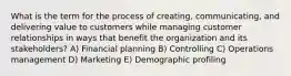 What is the term for the process of creating, communicating, and delivering value to customers while managing customer relationships in ways that benefit the organization and its stakeholders? A) Financial planning B) Controlling C) Operations management D) Marketing E) Demographic profiling