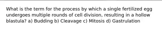 What is the term for the process by which a single fertilized egg undergoes multiple rounds of cell division, resulting in a hollow blastula? a) Budding b) Cleavage c) Mitosis d) Gastrulation