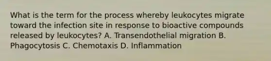 What is the term for the process whereby leukocytes migrate toward the infection site in response to bioactive compounds released by leukocytes? A. Transendothelial migration B. Phagocytosis C. Chemotaxis D. Inflammation