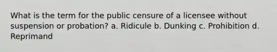 What is the term for the public censure of a licensee without suspension or probation? a. Ridicule b. Dunking c. Prohibition d. Reprimand