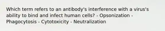 Which term refers to an antibody's interference with a virus's ability to bind and infect human cells? - Opsonization - Phagocytosis - Cytotoxicity - Neutralization