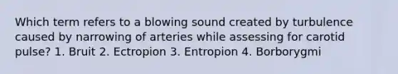 Which term refers to a blowing sound created by turbulence caused by narrowing of arteries while assessing for carotid pulse? 1. Bruit 2. Ectropion 3. Entropion 4. Borborygmi