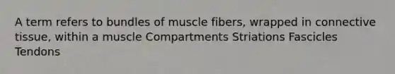 A term refers to bundles of muscle fibers, wrapped in <a href='https://www.questionai.com/knowledge/kYDr0DHyc8-connective-tissue' class='anchor-knowledge'>connective tissue</a>, within a muscle Compartments Striations Fascicles Tendons