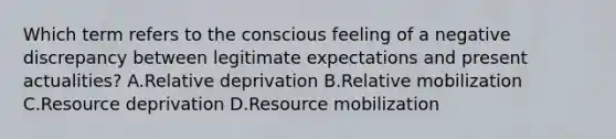 Which term refers to the conscious feeling of a negative discrepancy between legitimate expectations and present actualities? A.Relative deprivation B.Relative mobilization C.Resource deprivation D.Resource mobilization