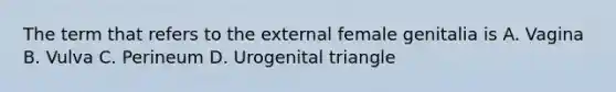 The term that refers to the external female genitalia is A. Vagina B. Vulva C. Perineum D. Urogenital triangle