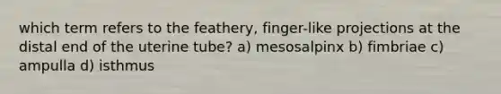 which term refers to the feathery, finger-like projections at the distal end of the uterine tube? a) mesosalpinx b) fimbriae c) ampulla d) isthmus