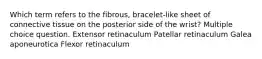 Which term refers to the fibrous, bracelet-like sheet of connective tissue on the posterior side of the wrist? Multiple choice question. Extensor retinaculum Patellar retinaculum Galea aponeurotica Flexor retinaculum