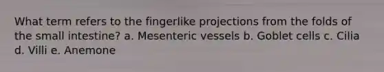 What term refers to the fingerlike projections from the folds of the small intestine? a. Mesenteric vessels b. Goblet cells c. Cilia d. Villi e. Anemone