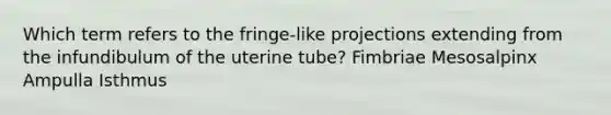 Which term refers to the fringe-like projections extending from the infundibulum of the uterine tube? Fimbriae Mesosalpinx Ampulla Isthmus